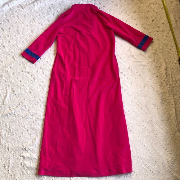 VTG Vanity Fair Fuchsia Velour Zip-Front Housecoat Robe S Mod Navy Racing Stripe - Picture 5 of 11